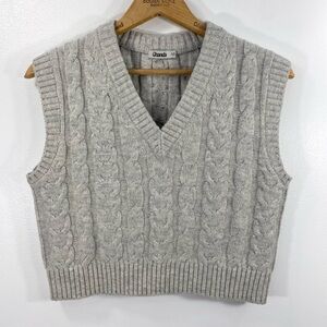 Ghanda Classic Cropped Gray Cable Knit V-neck Wool Cotton Blend Sweater Vest XS